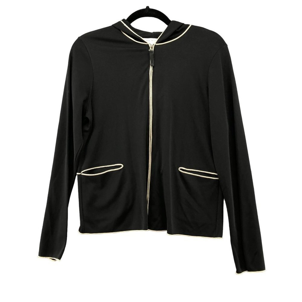 Max Studio Knit Stretch Hoodie Black Ivory Contemporary Zip Up Womens Large L